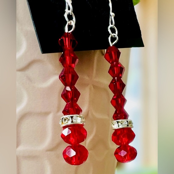 Handcrafted S925 Sterling Silver Stamped Red Glass Bead Dangle Earrings - Picture 6 of 9